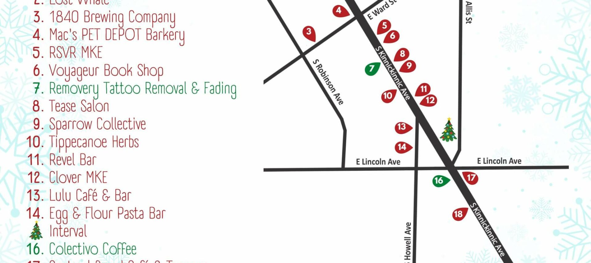 map of businesses along KK avenue participating in Christmas on KK