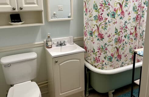 Bathroom with toilet, sink and vanity, and clawfoot bathtub with a patterned shower curtain.