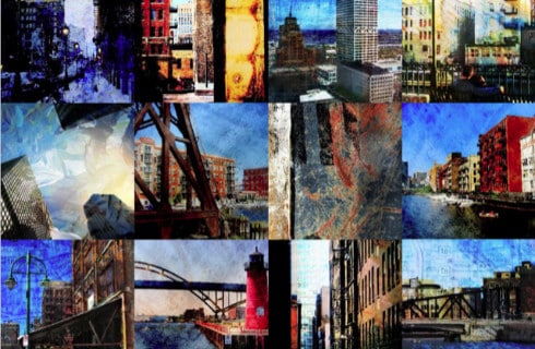 Original art piece by Anita Burgermeister - collage of bridges and waterways in cities.