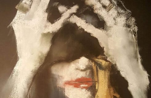 Black and white painting of a person with red lips and with their hands over their head