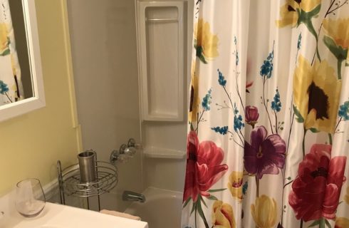 Bathroom with a shower tub combo and a bright flower patterned shower curtain.