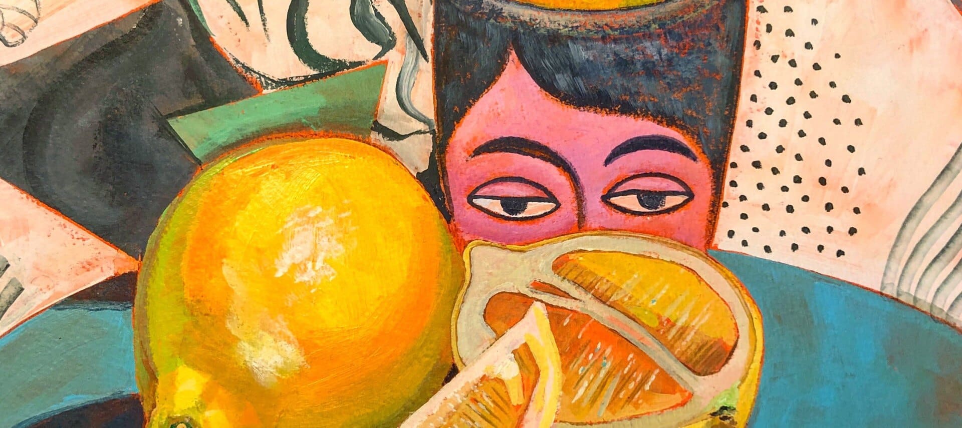 Painting of a personw ith black haor looking over a table with whole and cut lemons on it.