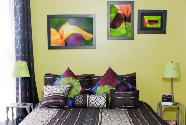 Bedroom with lime and beige walls and a queen bed made up in a black and purple spread and shams.