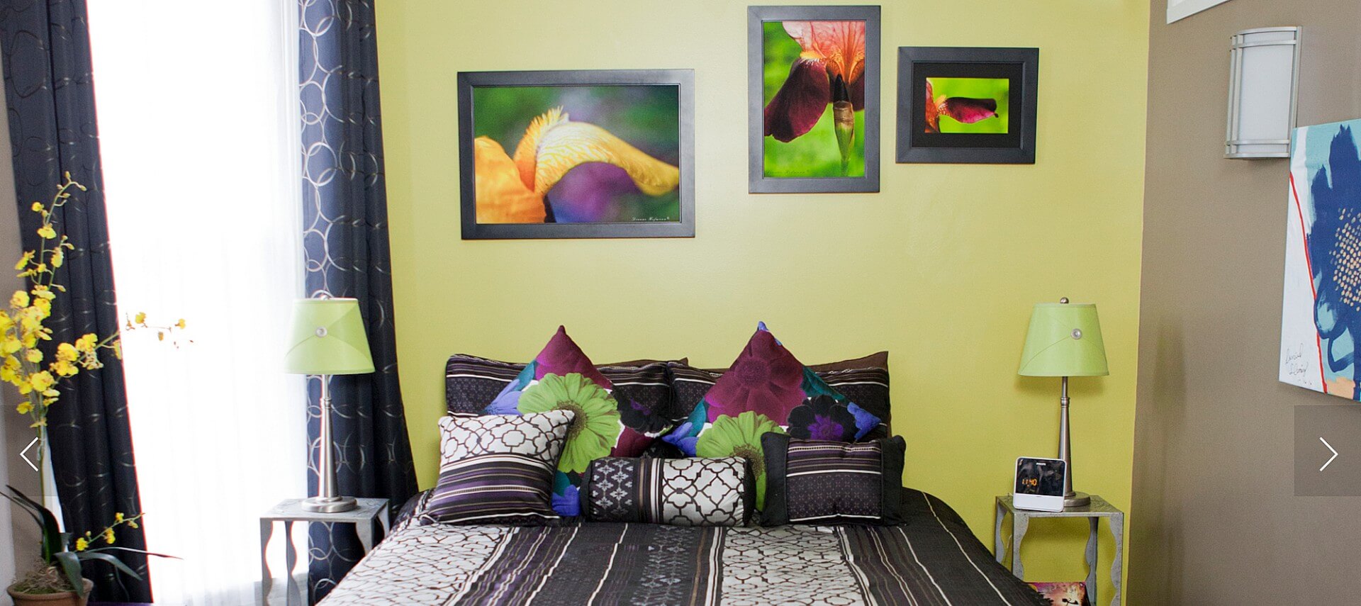 Bedroom with lime and beige walls and a queen bed made up in a black and purple spread and shams.