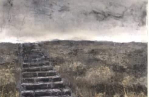 Grey moody picture of a staircase leading to the sky