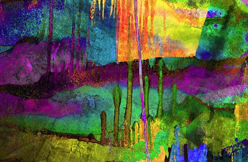 Original modern art painting by Sara Risley colors of purple, blue, yellow, green and orange.